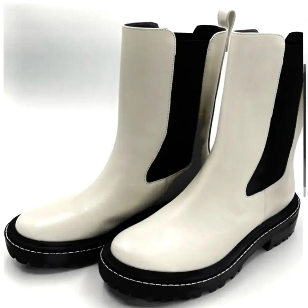 Tory Burch Benton Chelsea Boot Size 8 White Leather Black Lug Platform Sole New